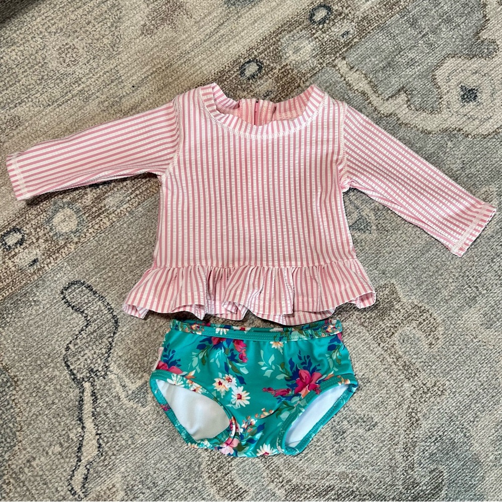 Ruffle Butts Pink & White Striped Baby swim suit